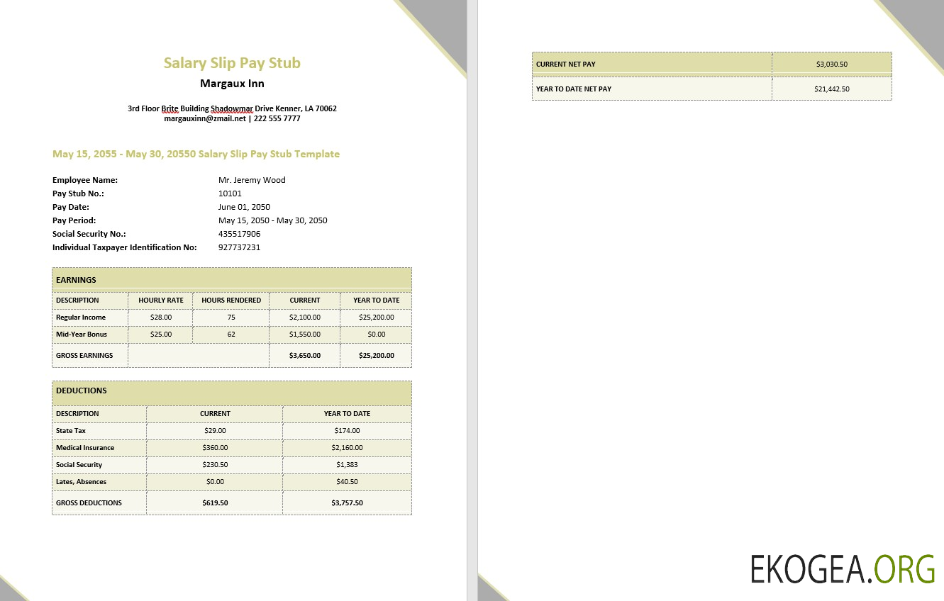 Bulletin de salaire de Margaux Inn, bulletin de paie aux formats PDF et Word